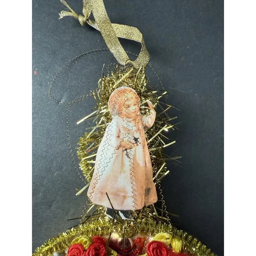 Vintage Christmas Tree Ornament Blown Mercury Glass Die Cut Wire Victorian Child